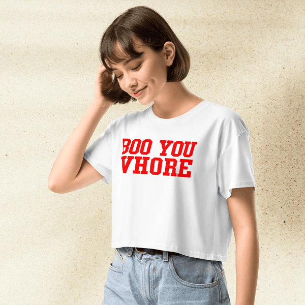 Mean Girls Boo You Whore Crop Top | Funny Quote Y2K Graphic Tee | 2000s Pop Culture Shirt for Women - BestShirtz