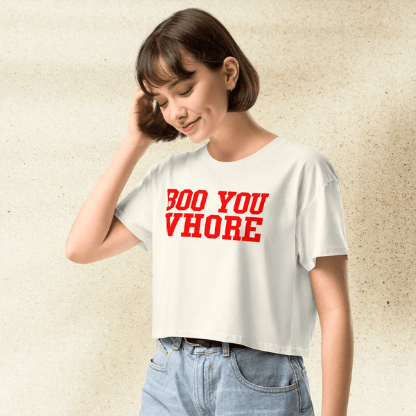 Mean Girls Boo You Whore Crop Top | Funny Quote Y2K Graphic Tee | 2000s Pop Culture Shirt for Women - BestShirtz