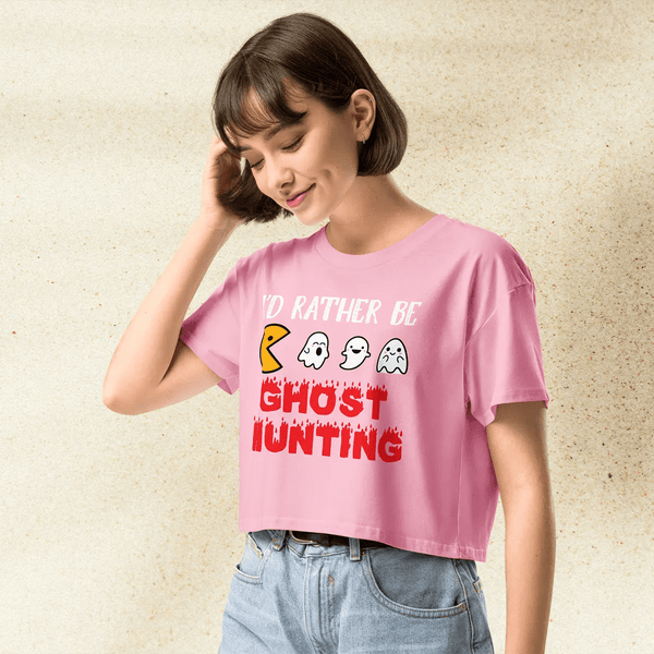 Pac - Man Ghost Hunting Crop Top | Retro Arcade Graphic Y2K Aesthetic Crop Tee - bestshirtz