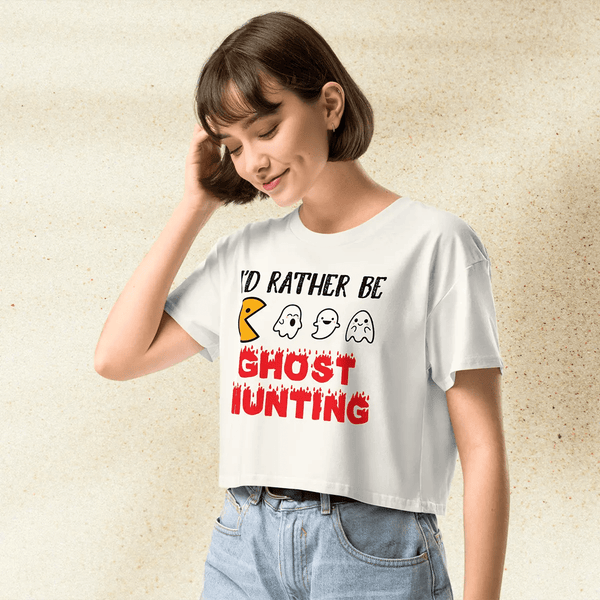Pac - Man Ghost Hunting Crop Top | Retro Arcade Graphic Y2K Aesthetic Crop Tee - bestshirtz