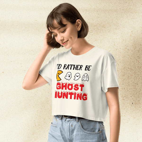 Pac - Man Ghost Hunting Crop Top | Retro Arcade Graphic Y2K Aesthetic Crop Tee - bestshirtz