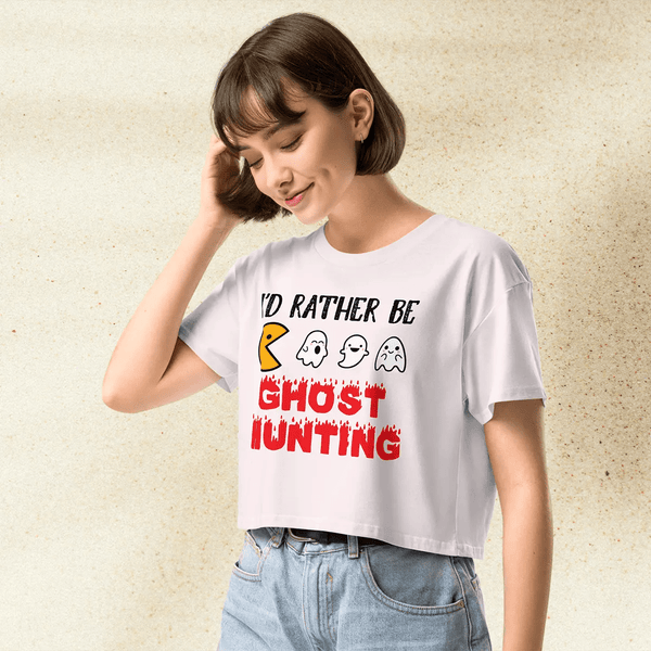 Pac - Man Ghost Hunting Crop Top | Retro Arcade Graphic Y2K Aesthetic Crop Tee - bestshirtz