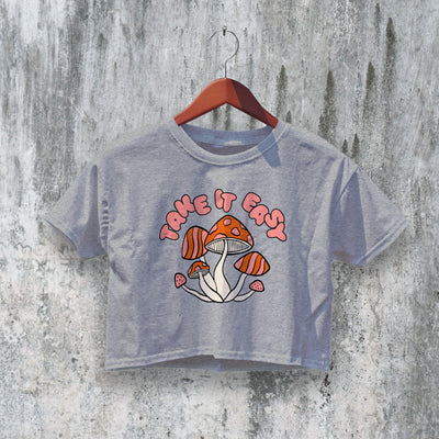 Take it Easy Crop Top Y2K Crop Tee Mushroom Lover Shirt - bestshirtz#