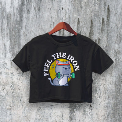 GYM Crop Top Cat Crop Tee Feel The Iron Shirt Cute Cat Lover GYM Gift - bestshirtz