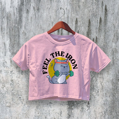 GYM Crop Top Cat Crop Tee Feel The Iron Shirt Cute Cat Lover GYM Gift - bestshirtz