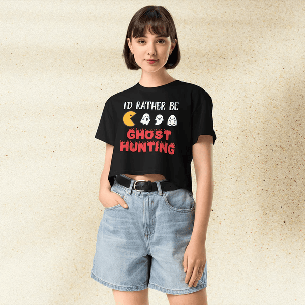 Pac - Man Ghost Hunting Crop Top | Retro Arcade Graphic Y2K Aesthetic Crop Tee - bestshirtz